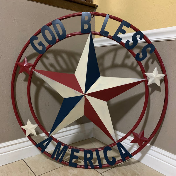 #EH10489 GOD BLESS AMERICA USA FLAG BARN STAR METAL RED WHITE BLUE WESTER HOME DECOR HANDMADE NEW