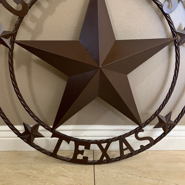 #EH11085 GOD BLESS TEXAS BROWN BARN STAR METAL LONE STAR TWISTED ROPE RING WESTERN HOME DECOR HANDMADE NEW