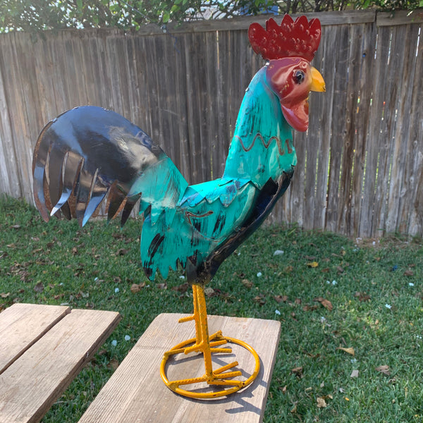 #34-041 RUSTIC TURQUOISE ROOSTER 20",30",40" CHICKEN GARDEN ANIMAL SCULPTURE METAL DECOR ORNAMENT HANDMADE