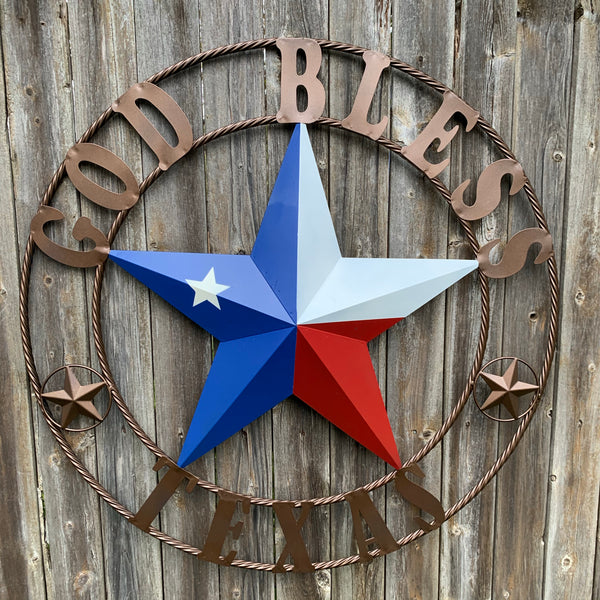 GOD BLESS TEXAS RED WHITE BLUE BARN METAL STAR BRONZE TWISTED ROPE RING WALL ART WESTERN HOME DECOR HANDMADE