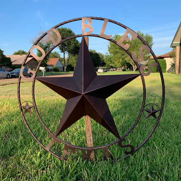 #EH10197 GOD BLESS TEXAS BARN STAR METAL LONESTAR TWISTED ROPE RING WESTERN HOME DECOR HANDMADE NEW