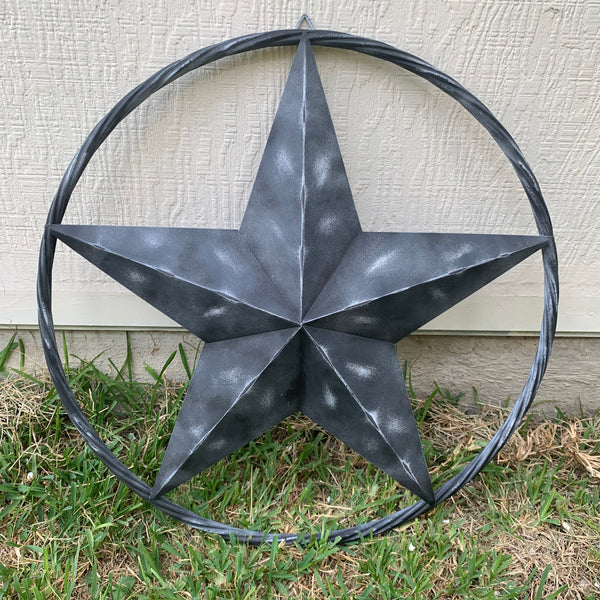 RUSTIC BLACK DISTRESSED TWO TONE BARN LONE STAR ROPE RING METAL WALL ART WESTERN HOME DECOR HANDMADE