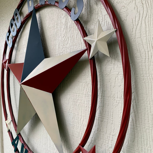 #EH10489 GOD BLESS AMERICA USA FLAG BARN STAR METAL RED WHITE BLUE WESTER HOME DECOR HANDMADE NEW