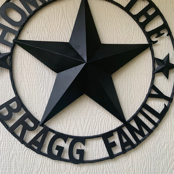 BRAGG STYLE YOUR CUSTOM NAME HOME OF FAMILY STAR METAL BARN STAR 3d TWISTED ROPE RING WESTERN HOME DECOR NEW HANDMADE 24",32",34",36",40",42",44",46",50"