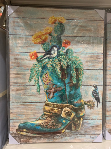 RA0302  28"x40" TURQUOISE BOOT BIRD FLOWER CANVAS PAINTING PICTURE WESTERN COUNTRY HOME DECOR HANDMADE