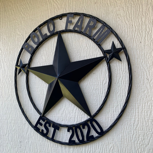CREEKSIDE FARM STYLE YOUR CUSTOM NAME BARN BLACK STAR 3d WITH TWISTED ROPE RING DESIGN METAL WALL ART WESTERN HOME DECOR NEW HANDMADE, 24", 32", 36", 40", 44", 46", 50"