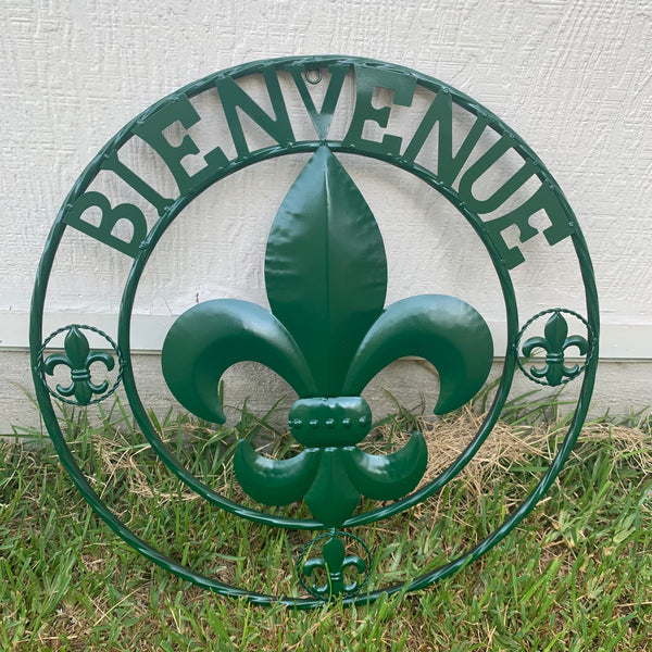 24", 32" GLOSSY HUNTER GREEN FLEUR DE LIS BIENVENUE METAL WALL ART WESTERN HOME DECOR
