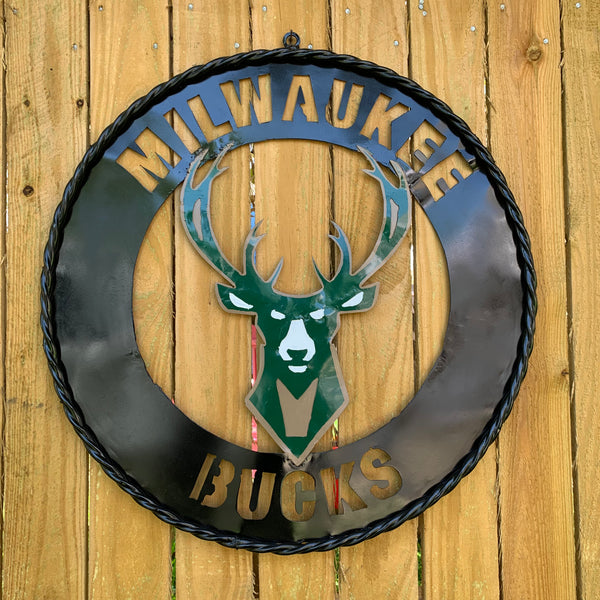 24" MILWAUKEE BUCKS WIDE BAND DISC STYLE METAL CUSTOM VINTAGE CRAFT TEAM SPORTS SIGN HANDMADE