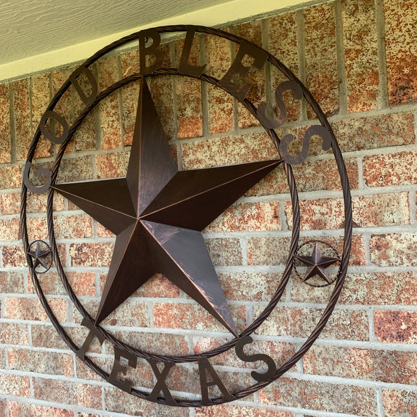 36" GOD BLESS TEXAS BARN STAR WITH TWISTED ROPE RING STYLE METAL WALL ART WESTERN HOME DECOR RUSTIC BRONZE NEW