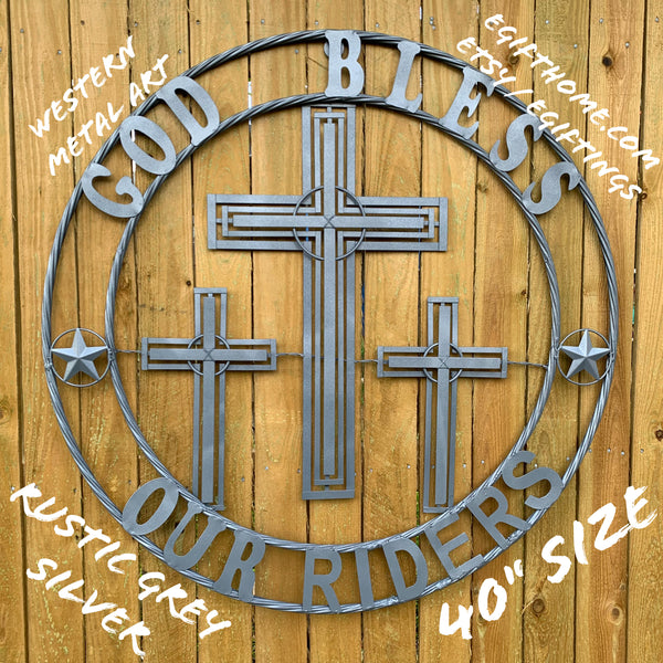 40"GOD BLESS OUR RIDERS CRUCIFIX GREY CROSS METAL WALL ART HANDMADE