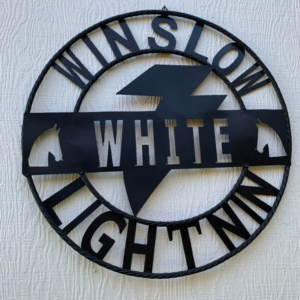 CUSTOM NAME LIGHTNIN HORSE SIGN RAW METAL BARN ROPE RING WESTERN HOME DECOR HANDMADE 24",32",36"