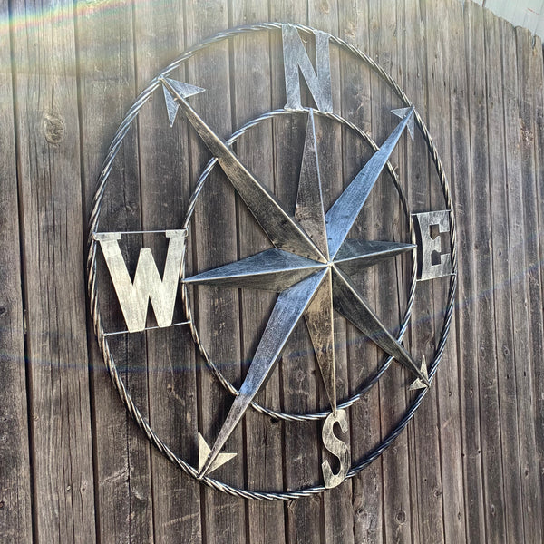 36" COMPASS GREY METAL ART WESTERN METAL ART HOME WALL DECOR RUSTIC GREY #EH10383