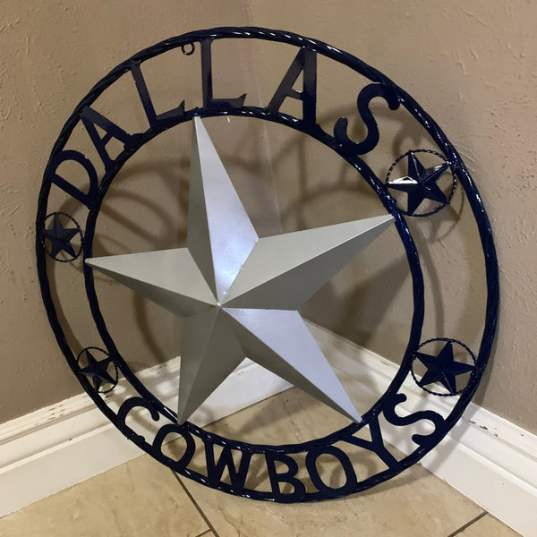 DALLAS COWBOYS SILVER & NAVY BLUE BARN STAR CUSTOM METAL VINTAGE LONE STAR WESTERN HOME DECOR HANDMADE 24",32",36",40",42",44",46",48",50"