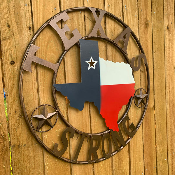 24" TEXAS STRONG BARN METAL WALL ART SIGN WESTERN HOME DECOR RED WHITE BLUE HANDMADE