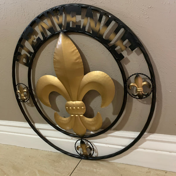 BIENVENUE FLEUR DE LIS METAL WALL ART WESTERN HOME DECOR RUSTIC GOLD & BLACK NEW--FREE SHIPPING