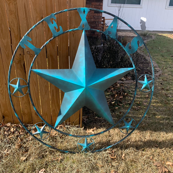 50" TEXAS LONESTAR TURQUOISE DISTRESSED TWO TONE METAL BARN STAR TWISTED ROPE RING WALL ART WESTERN HOME DECOR HANDMADE NEW #EH10483