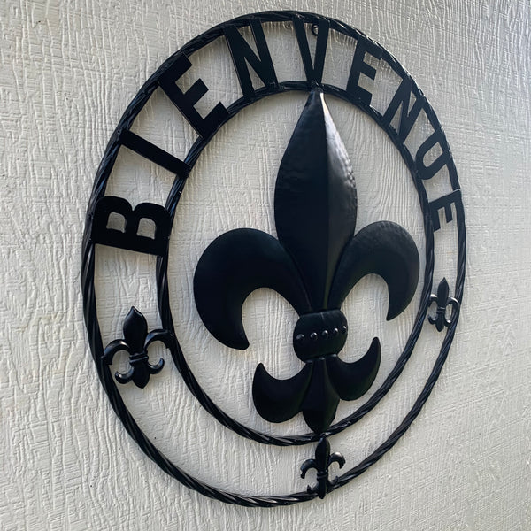 24", 32" GLOSSY BLACK BIENVENUE FLEUR DE LIS METAL WALL ART WESTERN HOME DECOR NEW