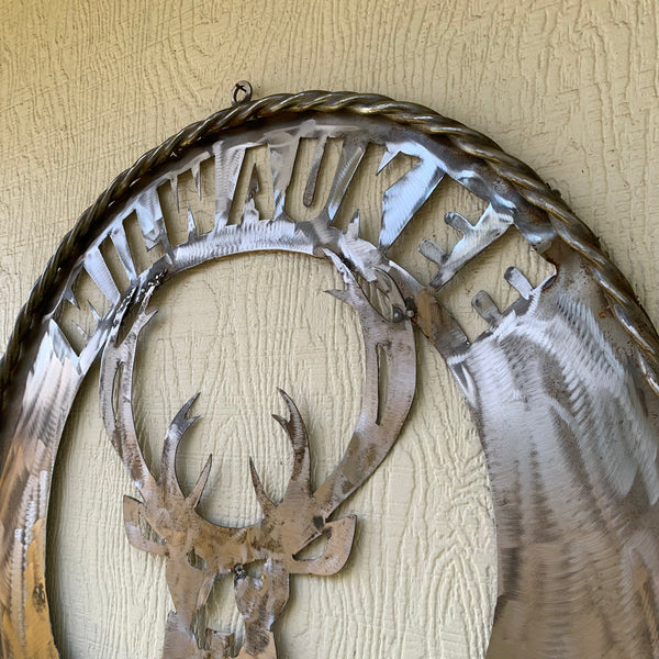 24" MILWAUKEE BUCKS RAW METAL WIDE BAND DISC STYLE METAL CUSTOM VINTAGE CRAFT TEAM SPORTS SIGN HANDMADE