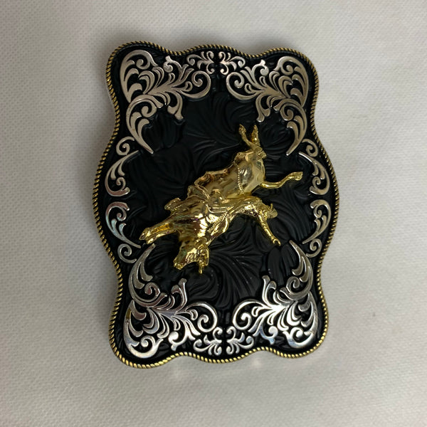4.5" X 3.5" RODEO BELT BUCKLE BLACK SILVER & GOLD WESTERN BUCKLE FASHION ART NEW #EH12269