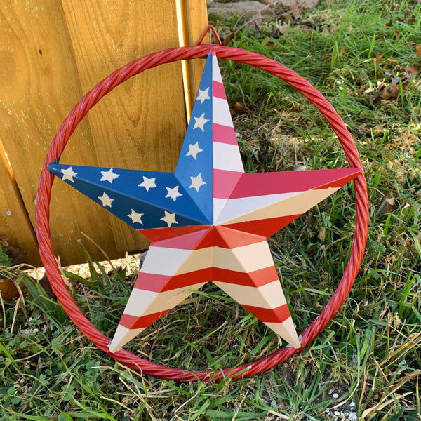 AMERICAN Flag USA Metal Barn Star RED , BEIGE, NAVY BLUE WITH RED Rope Ring Western Home Decor Handmade 12",16",24",30",34",36",40",48"