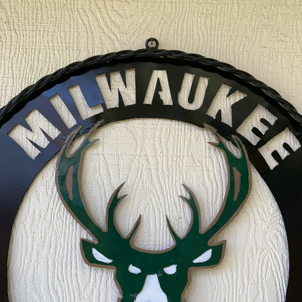 24" MILWAUKEE BUCKS WIDE BAND DISC STYLE METAL CUSTOM VINTAGE CRAFT TEAM SPORTS SIGN HANDMADE