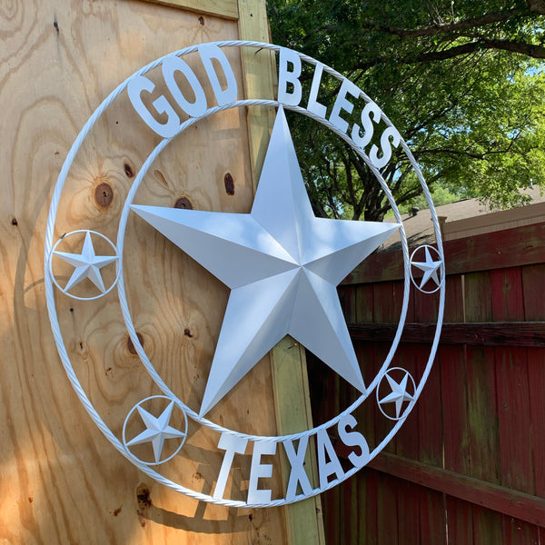 GOD BLESS TEXAS WHITE BARN STAR WITH TWISTED ROPE RING DESIGN METAL WALL ART WESTERN HOME DECOR NEW