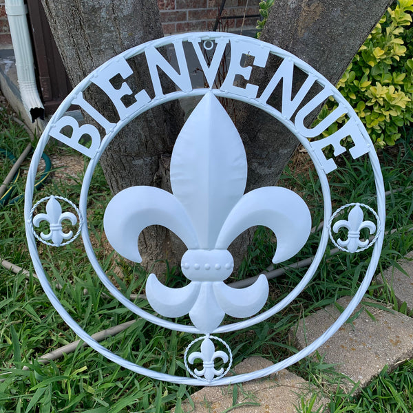 24", 32" GLOSS WHITE FLEUR DE LIS BIENVENUE METAL WALL ART WESTERN HOME DECOR