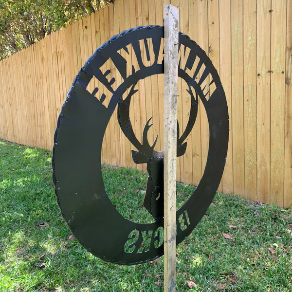 24" MILWAUKEE BUCKS WIDE BAND DISC STYLE METAL CUSTOM VINTAGE CRAFT TEAM SPORTS SIGN HANDMADE