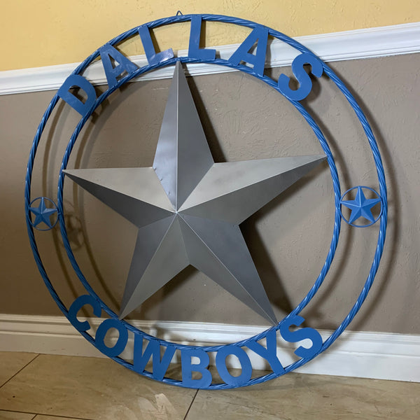 DALLAS COWBOYS SILVER & LIGHT BLUE BARN STAR CUSTOM VINTAGE METAL LONE STAR ART WESTERN HOME DECOR SIZE:24",32",36",40",42",44",46",50"