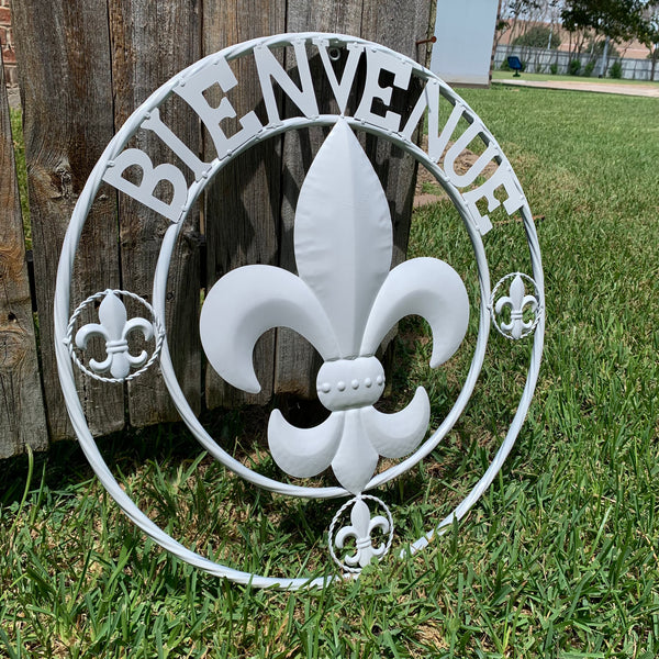 24", 32" GLOSS WHITE FLEUR DE LIS BIENVENUE METAL WALL ART WESTERN HOME DECOR