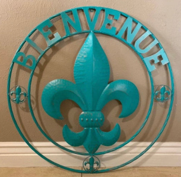 BIENVENUE FLEUR DE LIS TURQUOISE METAL WALL ART WESTERN HOME DECOR RUSTIC ART NEW