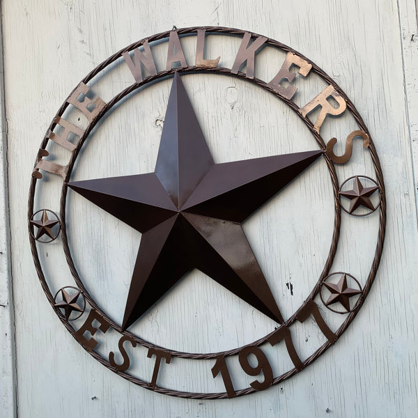 THE WALKERS STYLE YOUR CUSTOM FAMILY NAME STAR METAL BARN STAR ROPE RING WESTERN HOME DECOR VINTAGE RUSTIC BRONZE NEW HANDMADE 24",32",34",36",40",42",44",46",50"