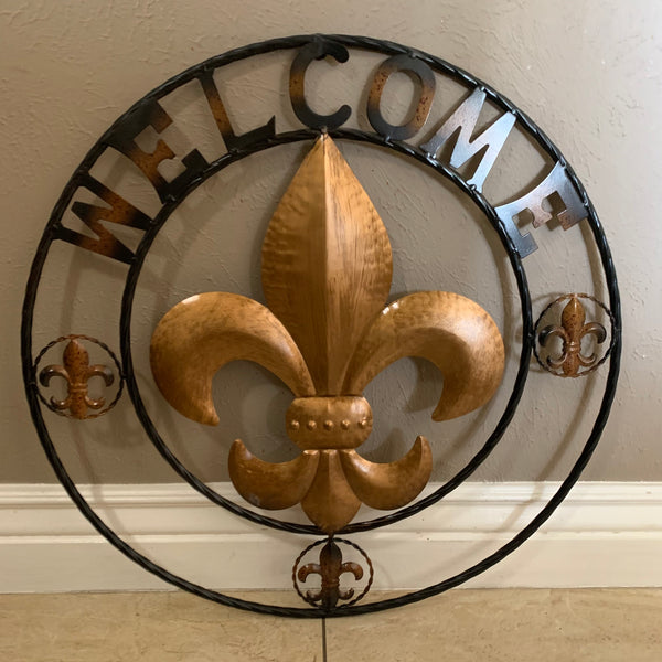 24", 32" WELCOME FLEUR DE LIS METAL WALL ART WESTERN HOME DECOR GOLD & BLACK