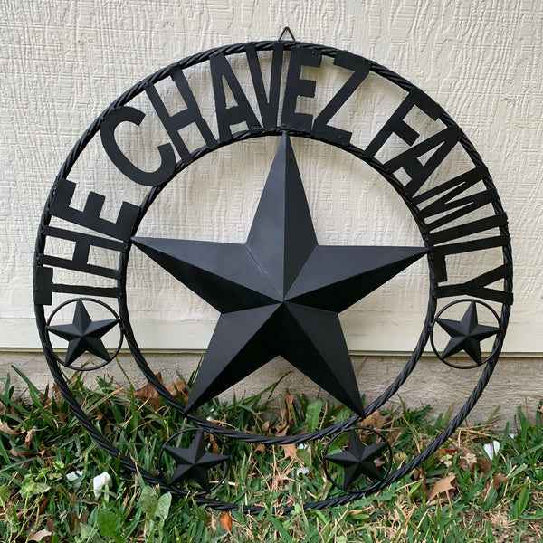 CHAVEZ STYLE CUSTOM FAMILY NAME STAR BLACK STEEL METAL BARN STAR ROPE RING WESTERN HOME DECOR VINTAGE NEW HANDMADE 24",32",34",36",40",42",44",46",50"