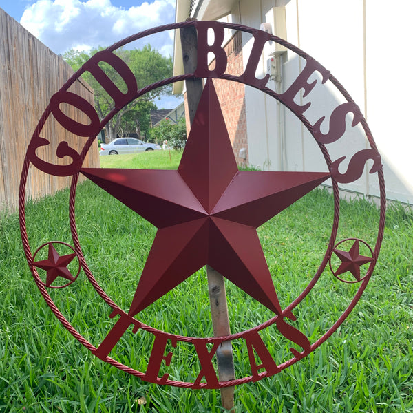 24",32",40",50" BURGUNDY RED GOD BLESS TEXAS BARN STAR ROPE RING METAL WALL ART WESTERN HOME DECOR NEW