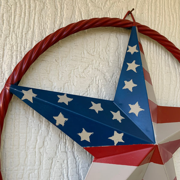 AMERICAN Flag USA Metal Barn Star RED , BEIGE, NAVY BLUE WITH RED Rope Ring Western Home Decor Handmade 12",16",24",30",34",36",40",48"