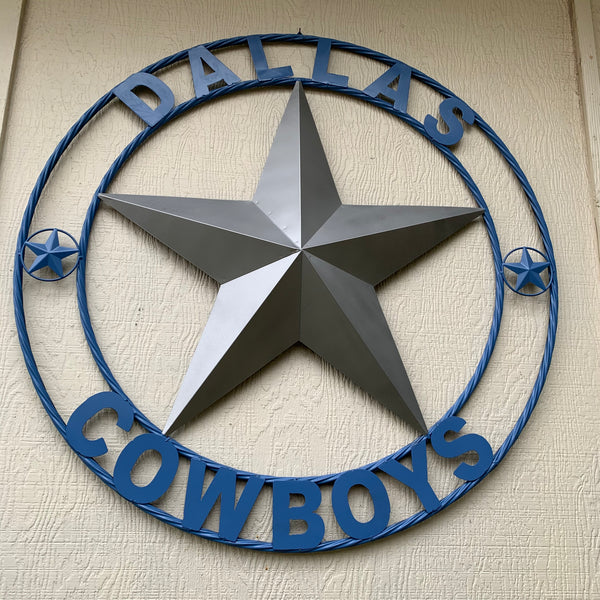 DALLAS COWBOYS SILVER & LIGHT BLUE BARN STAR CUSTOM VINTAGE METAL LONE STAR ART WESTERN HOME DECOR SIZE:24",32",36",40",42",44",46",50"