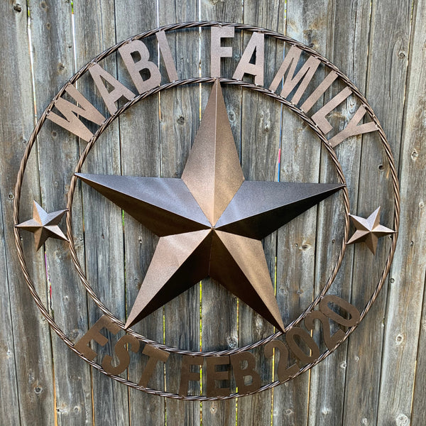 KOLET FAMILY STYLE YOUR CUSTOM FAMILY NAME STAR METAL BARN STAR ROPE RING KOLET FAMILY WESTERN HOME DECOR VINTAGE RUSTIC BROWN NEW HANDMADE 24",32",34",36",40",42",44",46",50"