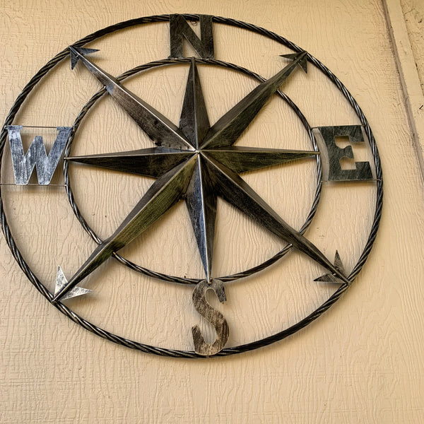 36" COMPASS GREY METAL ART WESTERN METAL ART HOME WALL DECOR RUSTIC GREY