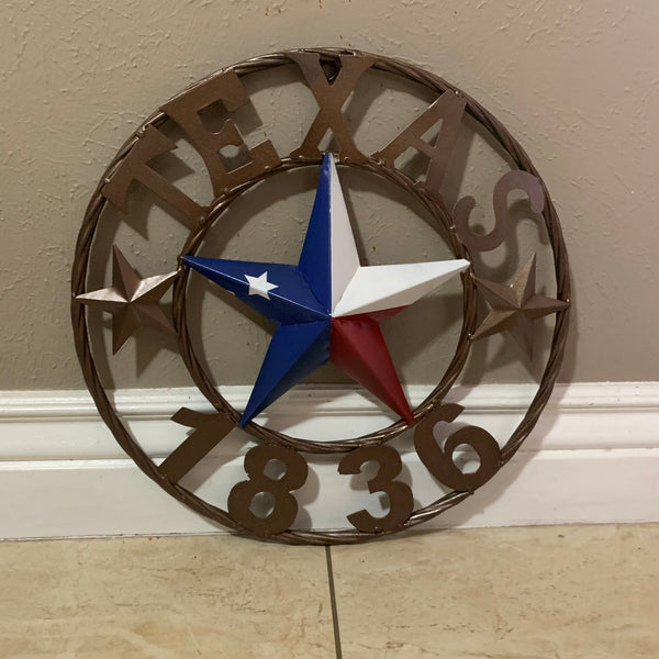 16" TEXAS 1836 RED WHITE BLUE TEXAS FLAG STAR BRONZE RING METAL BARN STAR WESTERN HOME DECOR HANDMADE NEW ART