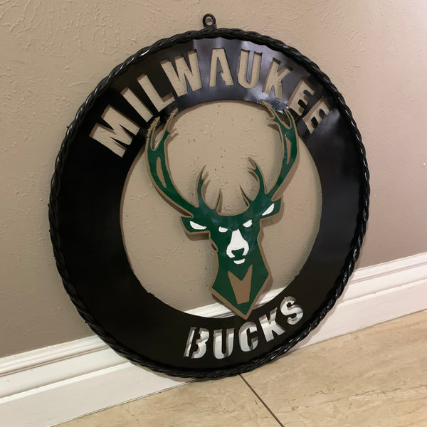 24" MILWAUKEE BUCKS WIDE BAND DISC STYLE METAL CUSTOM VINTAGE CRAFT TEAM SPORTS SIGN HANDMADE