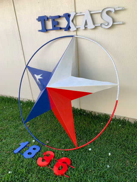 48", 60", 72" RED WHITE BLUE TX FLAG BARN META STAR WITH TEXAS 1836 SIGN WESTERN HOME DECOR METAL ART VINTAGE RUSTIC RED WHITE & BLUE ART