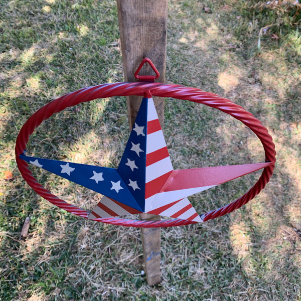 AMERICAN Flag USA Metal Barn Star RED , BEIGE, NAVY BLUE WITH RED Rope Ring Western Home Decor Handmade 12",16",24",30",34",36",40",48"