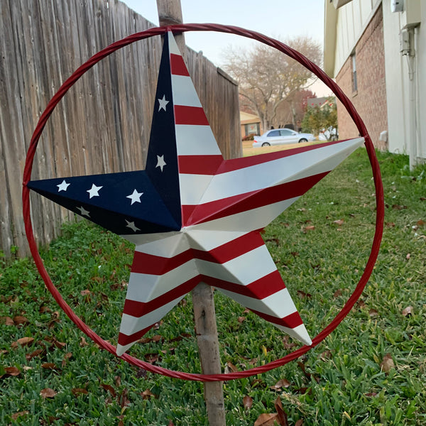 AMERICAN Flag USA Metal Barn Star RED, WHITE & BLUE WITH RED Rope Ring Western Home Decor Handmade 12",16",24",30",34",36",40",48"