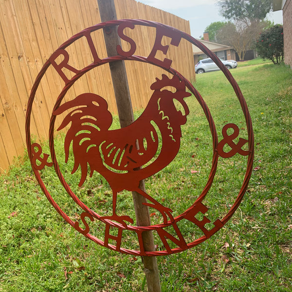 #SI_B9504 RISE & SHINE 24" RED ROOSTER CHICKEN METAL SIGN WESTERN HOME DECOR HANDMADE NEW