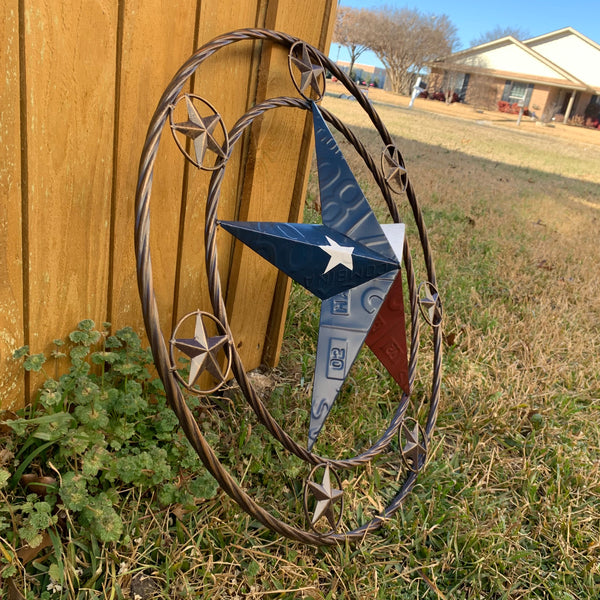 24" LICENSE PLATE MULTI STAR RED WHITE BLUE METAL BARN STAR WESTERN HOME DECOR NEW