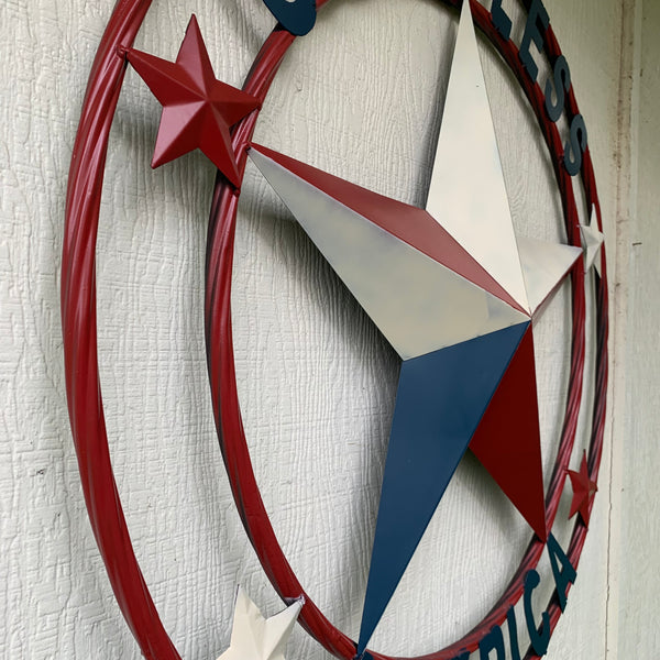 #EH10489 GOD BLESS AMERICA USA FLAG BARN STAR METAL RED WHITE BLUE WESTER HOME DECOR HANDMADE NEW