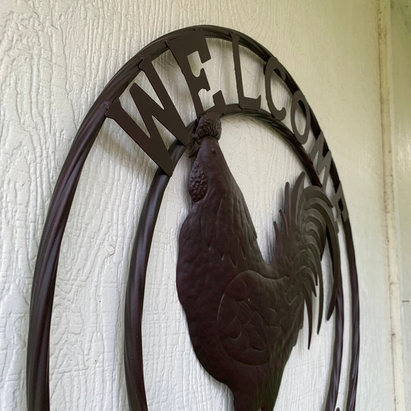 24" WELCOME FRIENDS ROOSTER WESTERN METAL ANIMAL ART HOME WALL ART RUSTIC BROWN COLOR