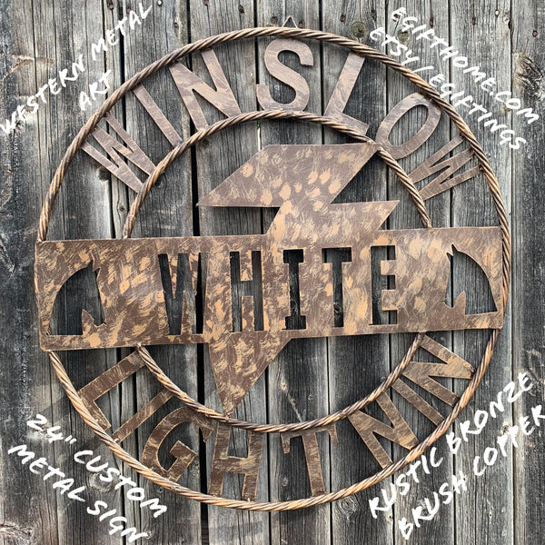 CUSTOM NAME LIGHTNIN HORSE SIGN RAW METAL BARN ROPE RING WESTERN HOME DECOR HANDMADE 24",32",36"