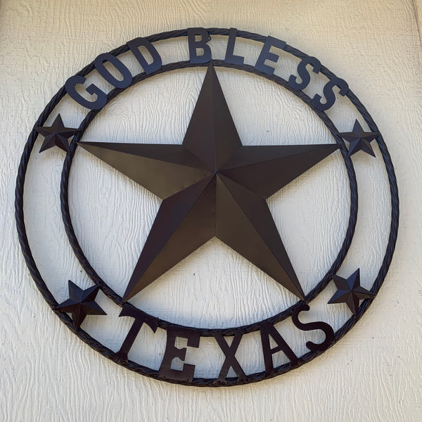 #EH11085 GOD BLESS TEXAS BROWN BARN STAR METAL LONE STAR TWISTED ROPE RING WESTERN HOME DECOR HANDMADE NEW